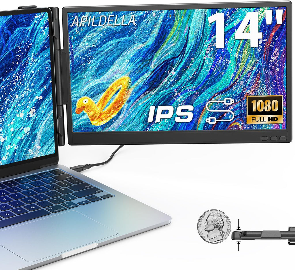 APILDELLA 14'' Dual Laptop Screen Extender, 1080P FHD Laptop Extended Monitor Portable with Speaker, Plug-Play Second Monitor for 13-16'' Laptops, Work with Mac, Window, Chrome