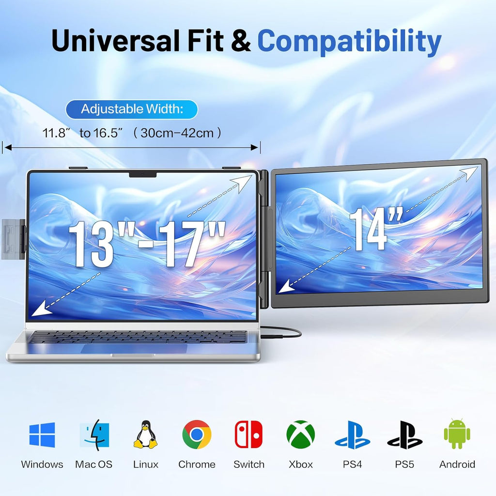 Laptop Screen Extender, 14” FHD 1080P Portable Monitor for Laptop with 100% sRGB, Dual Screen Extender for Laptop 13–17.3”, Plug & Play External Monitor, Business Travel & Home Office