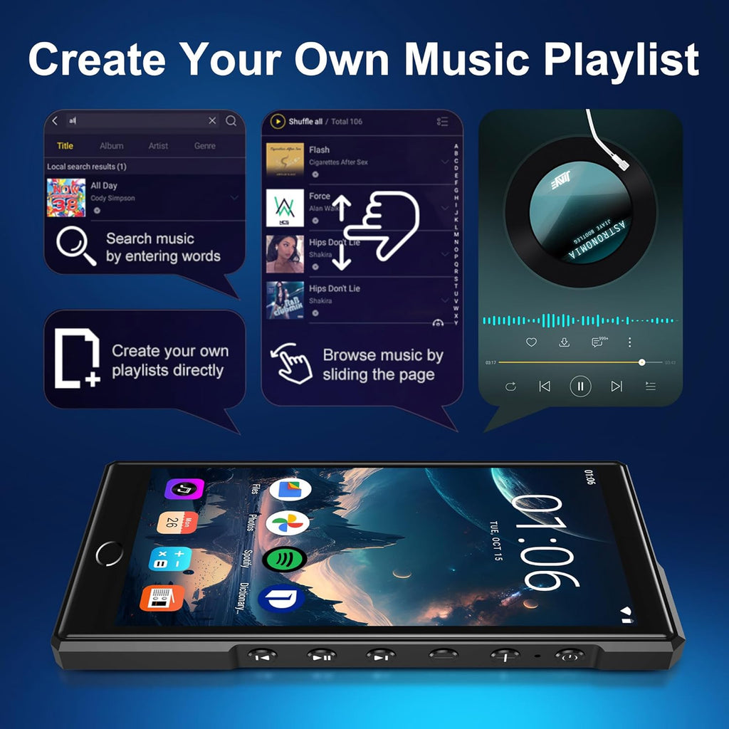 144GB Smart MP3 Player with Bluetooth and WiFi,KeenPlus MP4 4.3" Touch Screen and Android 13 Supports Latest Apps & Browsing,Pre-Installed Spotify,Amazon Music & Mainstream Apps,Parental Controls