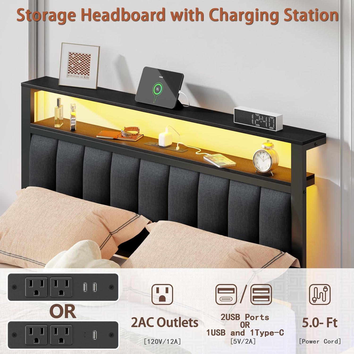 Furnulem Full Size Bed Frame with Charging Station and LED Lights, Grey Upholstered Headboard with Shelves, Metal Platform Bed with 2 Under-Bed Storage (Fabric Drawer on Wheels), No Box Spring Needed
