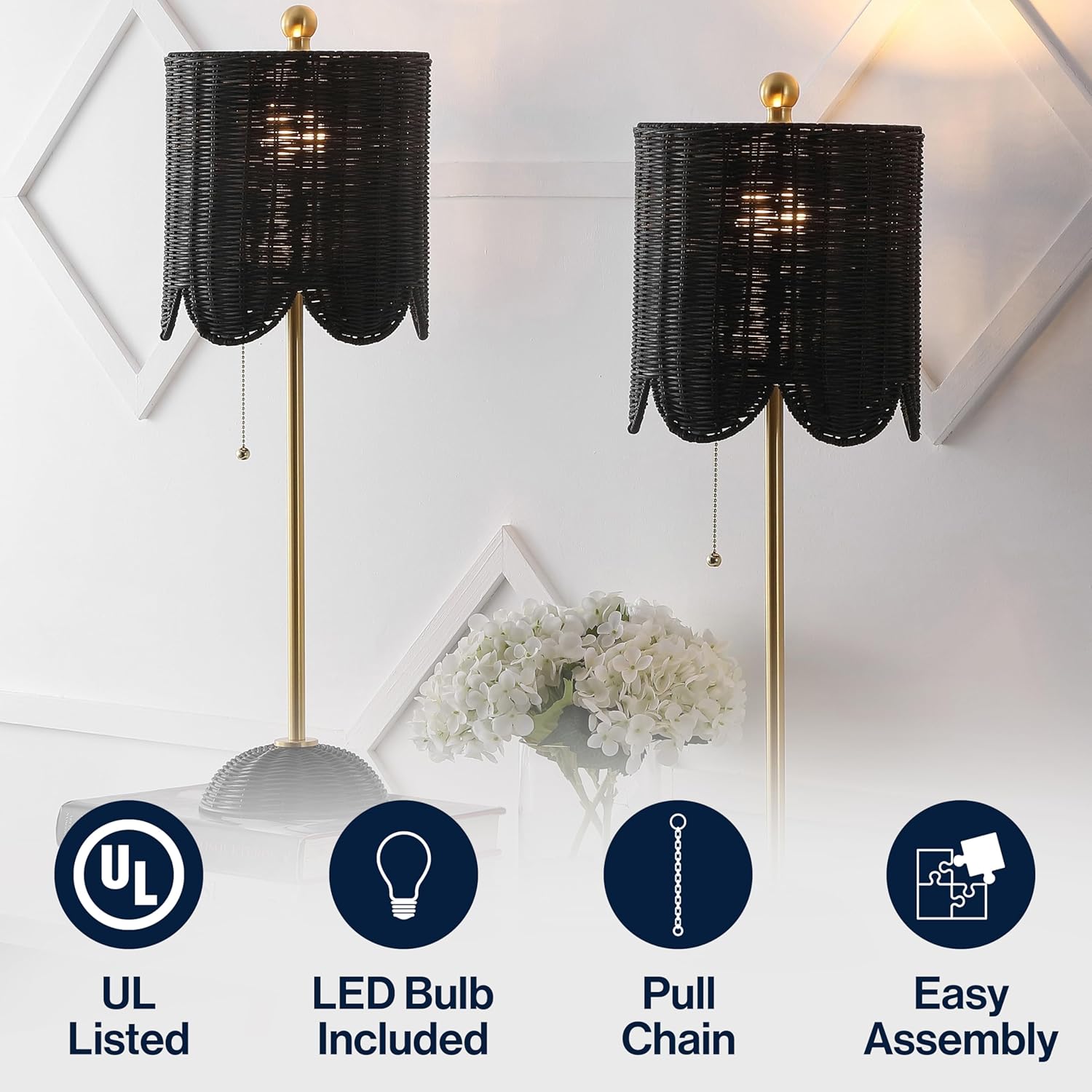 JONATHAN Y 27.5" Black/Brass Gold Coastal Buffet Table Lamp Set of 2 for Bedroom, Boho Table Lamps with Natural Rattan Scalloped Shade, Pull Chain, LED Bulbs Included (JYL1138C-SET2)