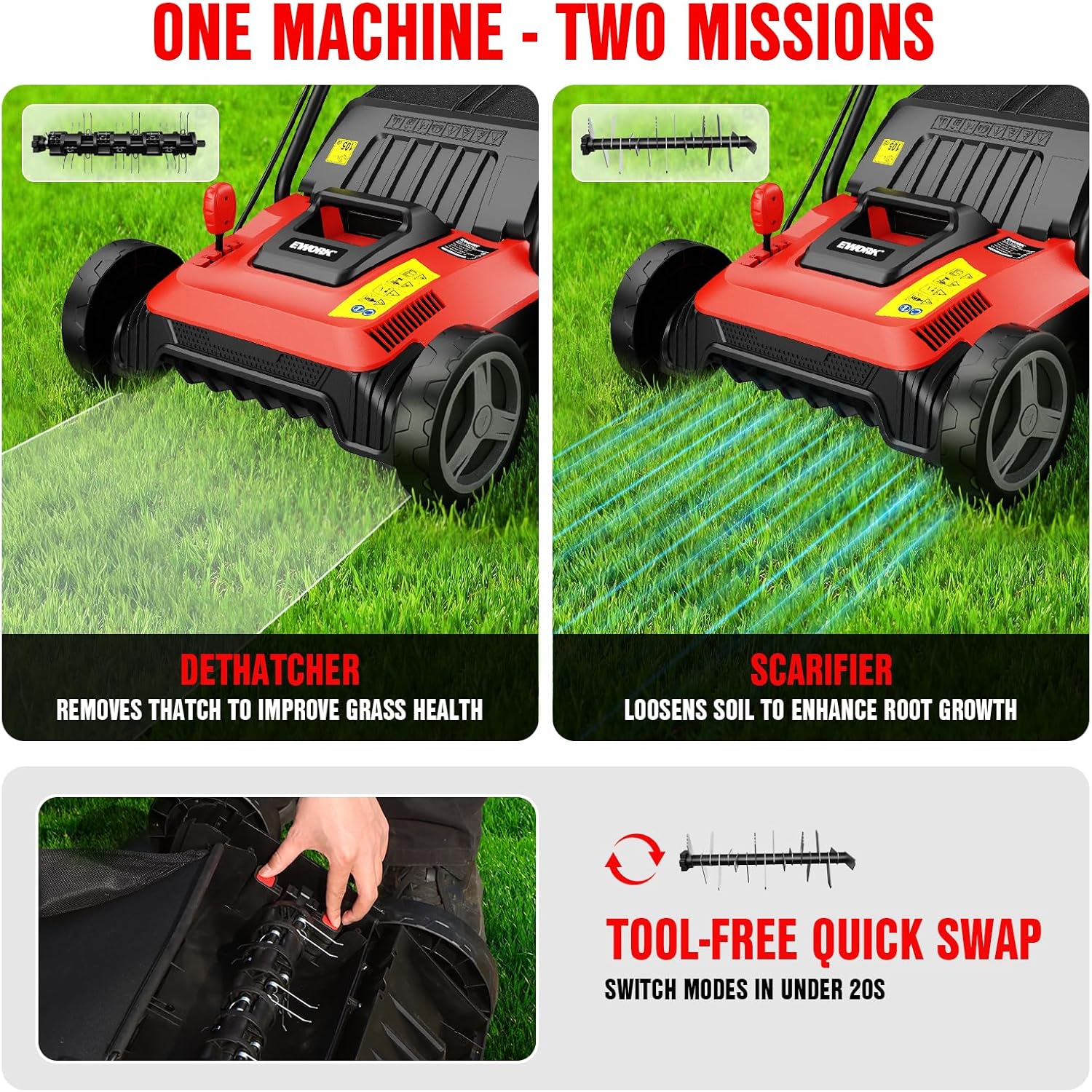 EWORK Electric Dethatcher and Scarifier 14-Inch 12 Amp 2-in-1 Lawn Dethatcher and Aerator with Collection Bag, Blade Replacement Without Tool, 5-Position Depth Adjustment for Gardening Care