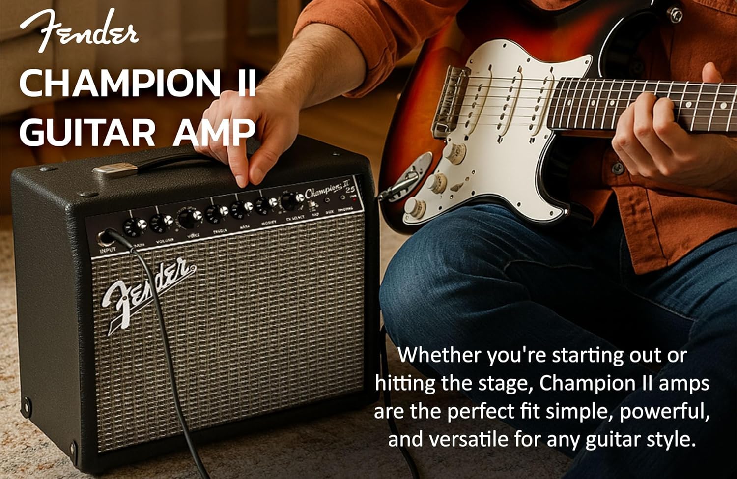 Fender Champion II 25-Watt Guitar Combo Amplifier Bundle with Instrument Cable, Picks, and Austin Bazaar Instructional Video
