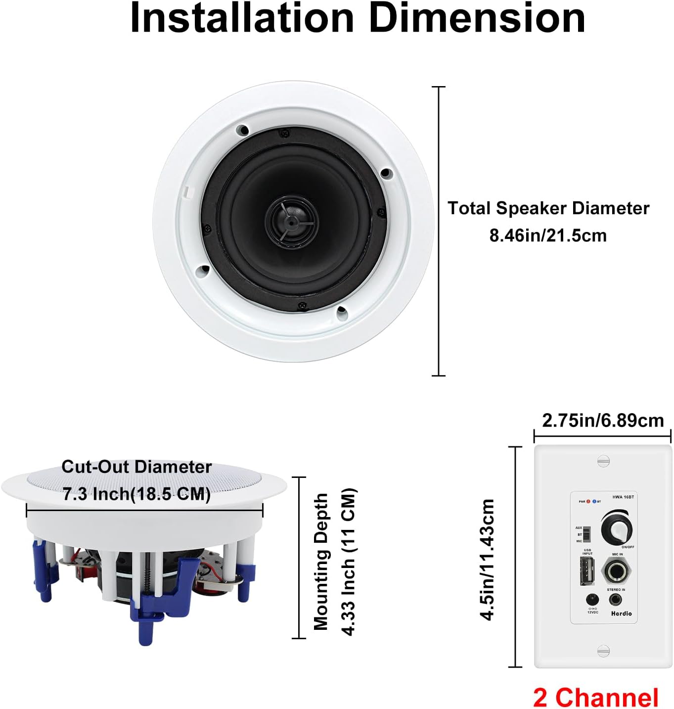 Herdio 5.25'' Home Audio Package Wall Mount Bluetooth Amplifier Receiver System with 300W in Ceiling Wall Passive Speakers Great for Home Theater Office Bathroom Kitchen Living Room (A Pair)