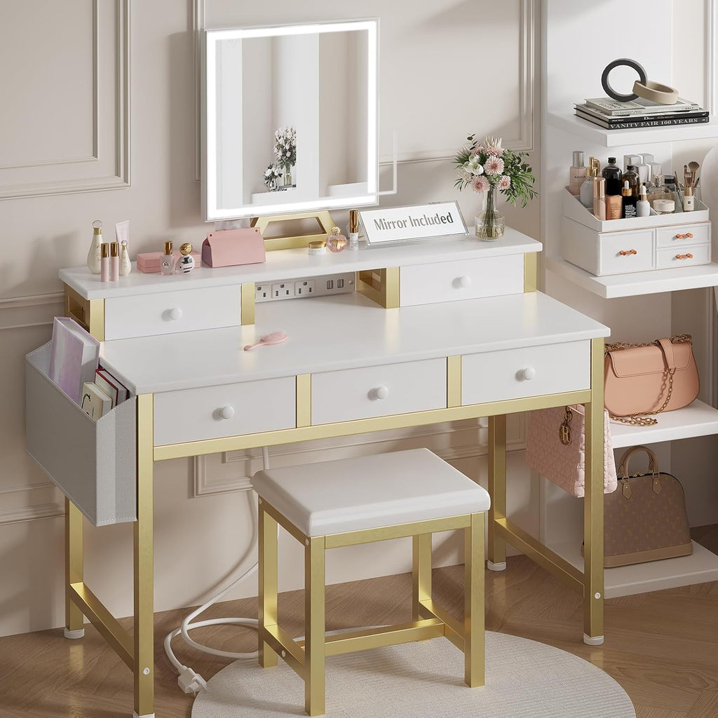 White Makeup Vanity Desk with Lights - 40 inch Girls Vanity Set with Mirror and Chair, Make Up Dresser Table with Drawers and Power Outlet for Bedroom Small Space, White and Gold