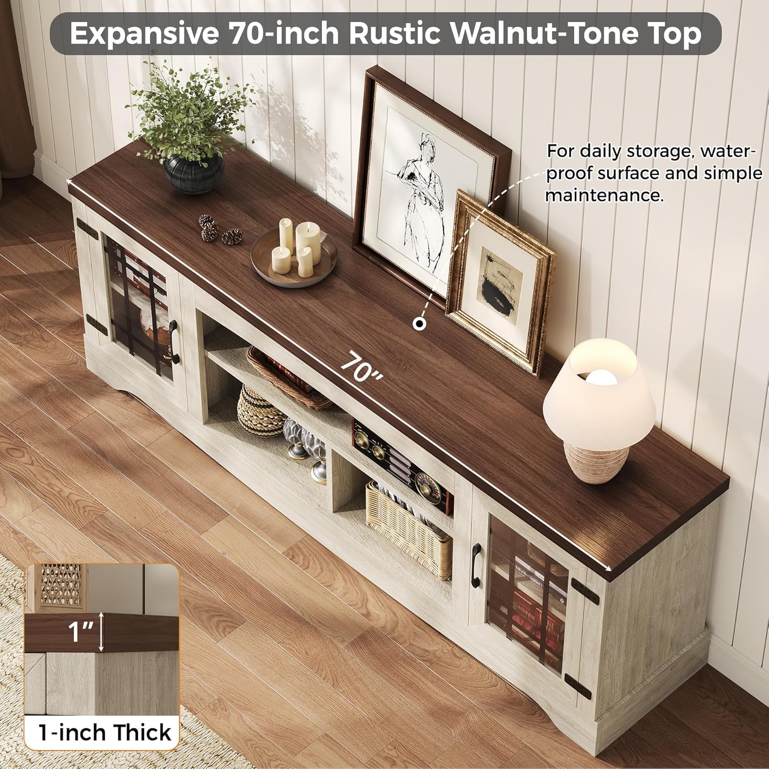 IRONCK Farmhouse TV Stand for 75 Inch TV, Rustic Entertainment Center with Storage Cabinets & Open Shelves, Grid Glass Doors, Media Console for Living Room, Bedroom(Light Oak & Walnut)