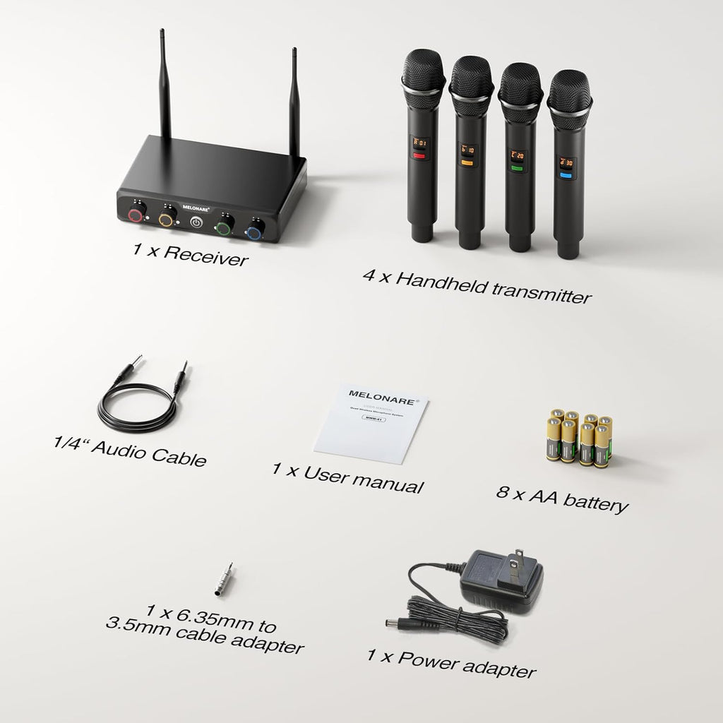 MELONARE 4-Channel Wireless Microphone System, UHF Compact Cordless Mic Set w/ 4x10 Frequencies, 200ft Range, Dynamic Handheld Microphone for Singing, Karaoke, Church, DJ, Wedding (MWM-41-4H)