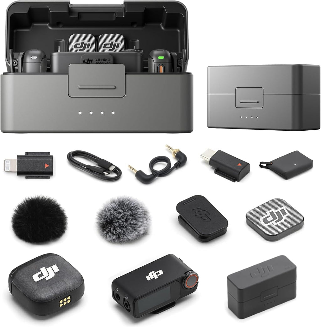 DJI Mic 3 Bundle (2 TX + 1 RX + Charging Case), Wireless Microphone for iPhone/Android/Camera, 32-bit Float Internal Recording, Dual Band Anti-Interference, 28h Use, Available for Lightning Device