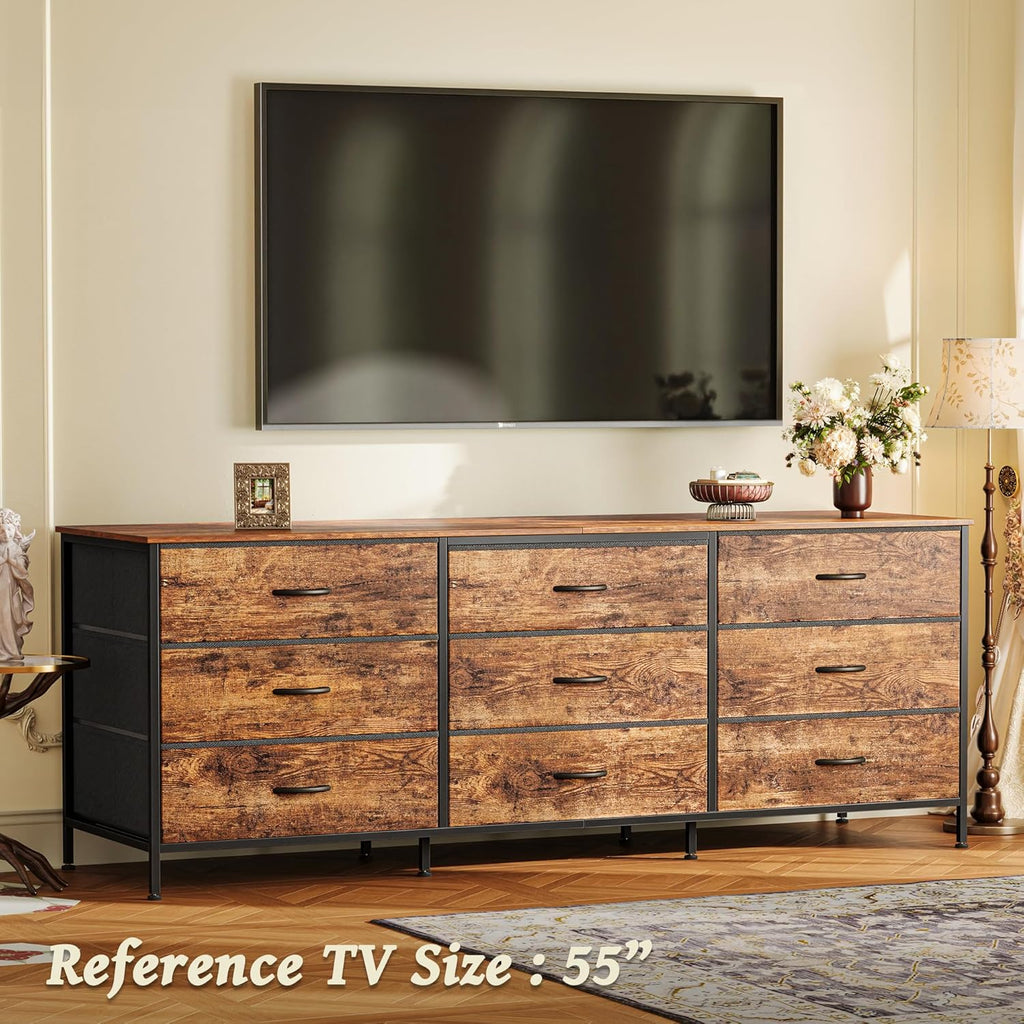 Huuger 63 Inch Dresser for Bedroom, Dresser for Closet with 9 Fabric Drawers, Large TV Stand for 55, 65, 70 Inch TV, Entertainment Center with Storage, Wide Long Chest of Drawers, Rustic Brown