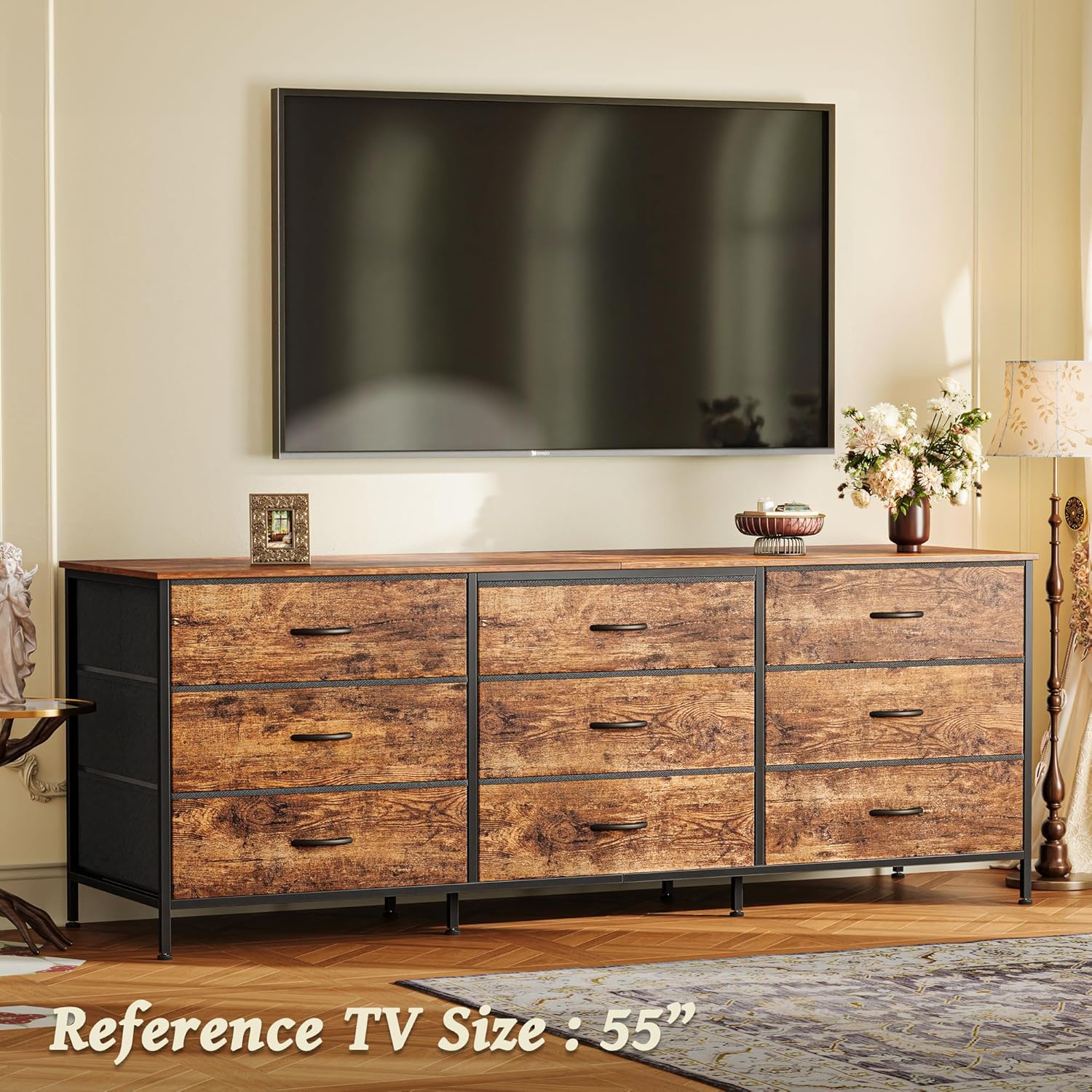 Huuger 63 Inch Dresser for Bedroom, Dresser for Closet with 9 Fabric Drawers, Large TV Stand for 55, 65, 70 Inch TV, Entertainment Center with Storage, Wide Long Chest of Drawers, Rustic Brown