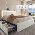 LoVinson Queen Size Bed Frame with 4 Storage Drawers, Charging Station and LED Light, Adjustable Upholstered Headboard, Noise-Free, No Box Spring Needed, Easy Assembly, White