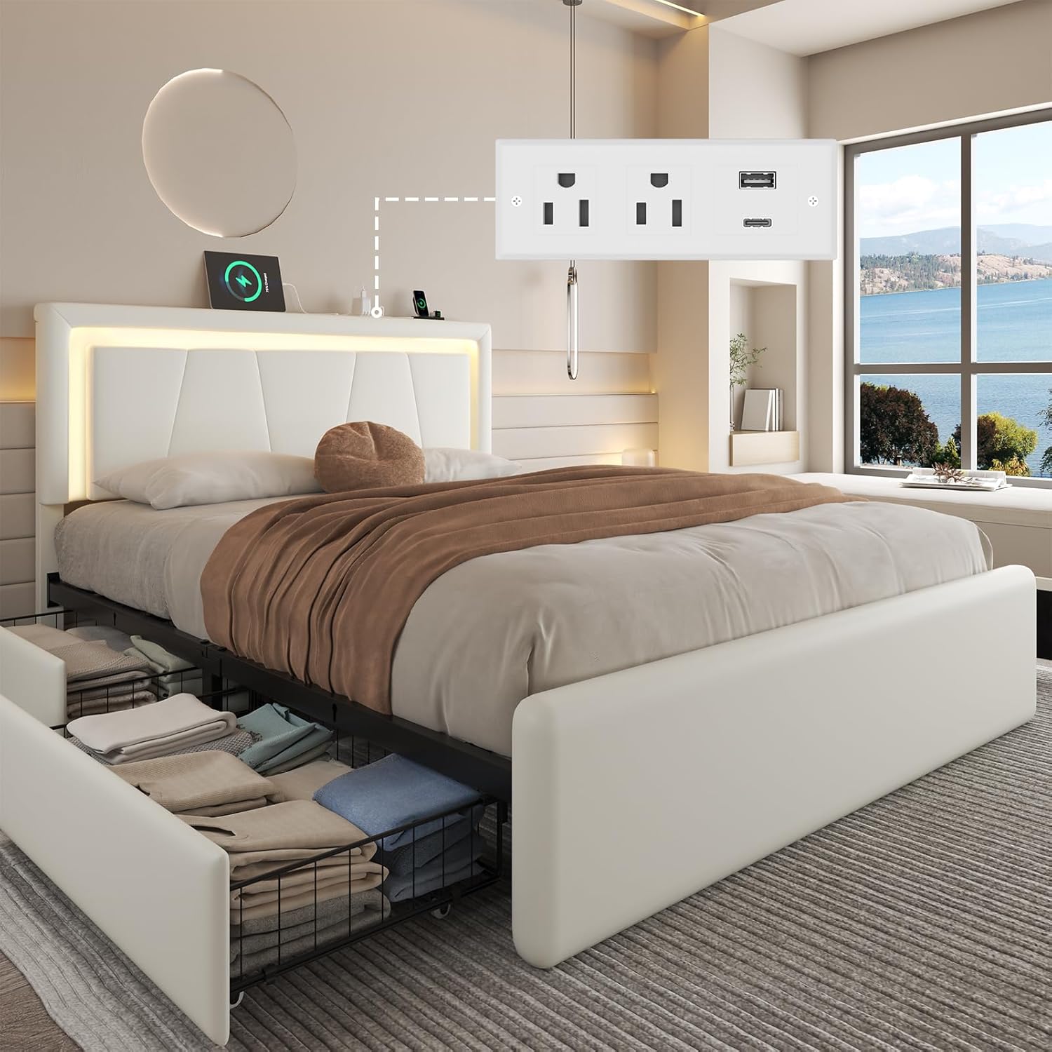 LoVinson Queen Size Bed Frame with 4 Storage Drawers, Charging Station and LED Light, Adjustable Upholstered Headboard, Noise-Free, No Box Spring Needed, Easy Assembly, White