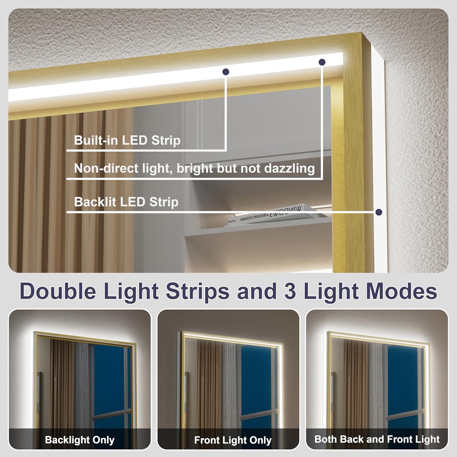 20x28 Inch Gold LED Mirror for Bathroom with Frontlit and Backlit, Adjustable 3000K/4500K/6000K, Wall Mounted Lighted Bathroom Vanity Mirror, Stepless Dimmable, Anti-Fog, Memory Function