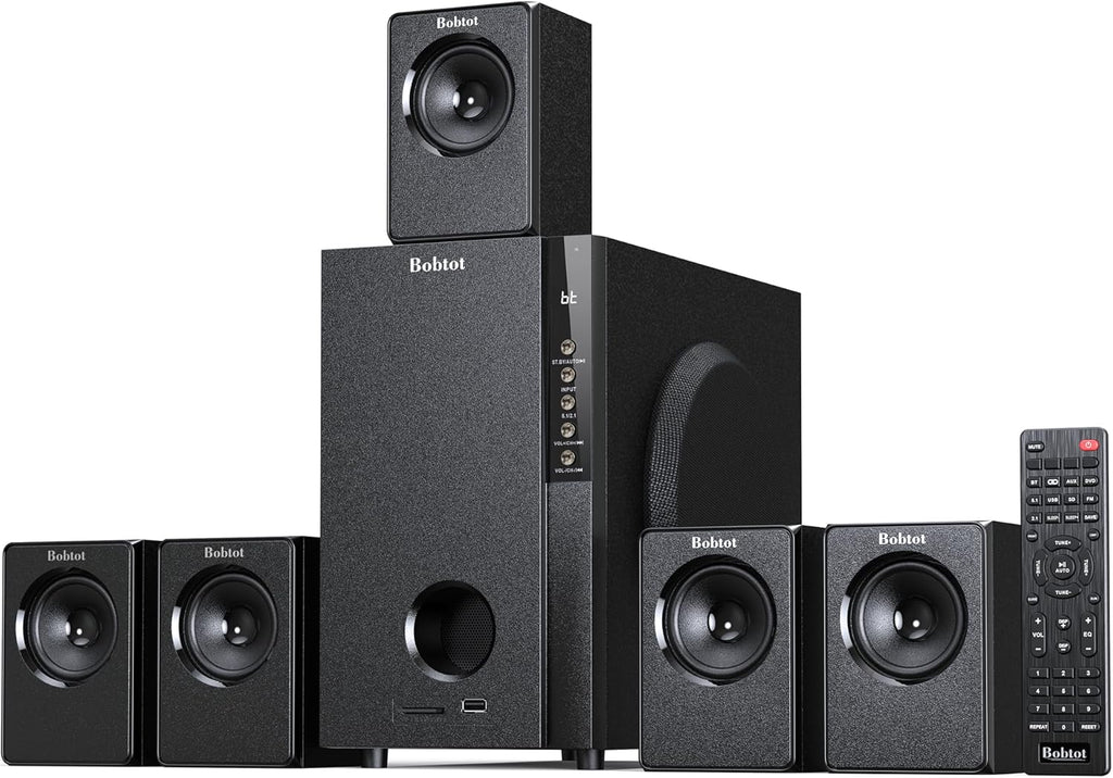 Bobtot Home Theater Systems Surround Sound System, 5.1 Wired Stereo Sound Speakers, 5.25 inch Subwoofer 600 Watts Peak Power Deep Bass Audio Stereo with FM Radio Bluetooth AUX DVD USB SD Input