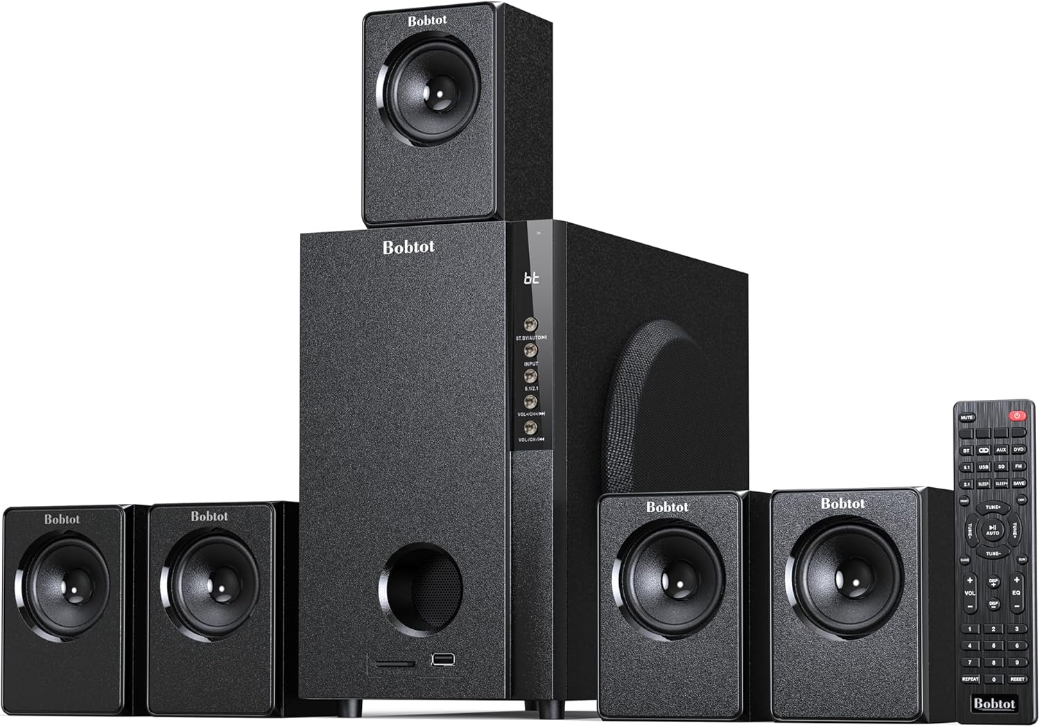 Bobtot Home Theater Systems Surround Sound System, 5.1 Wired Stereo Sound Speakers, 5.25 inch Subwoofer 600 Watts Peak Power Deep Bass Audio Stereo with FM Radio Bluetooth AUX DVD USB SD Input