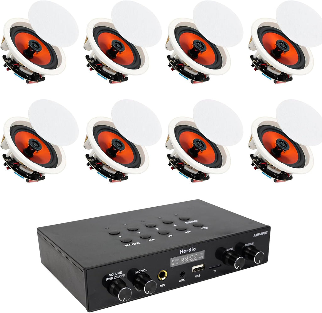 Herdio 6.5" Bluetooth Ceiling Speakers with 8-Channel 4-Zone Amplifier Set, Support Bluetooth 5.4 & Independent Power ON/Off Function for Home Theater, Multi-Room Audio System (8 Speakers)
