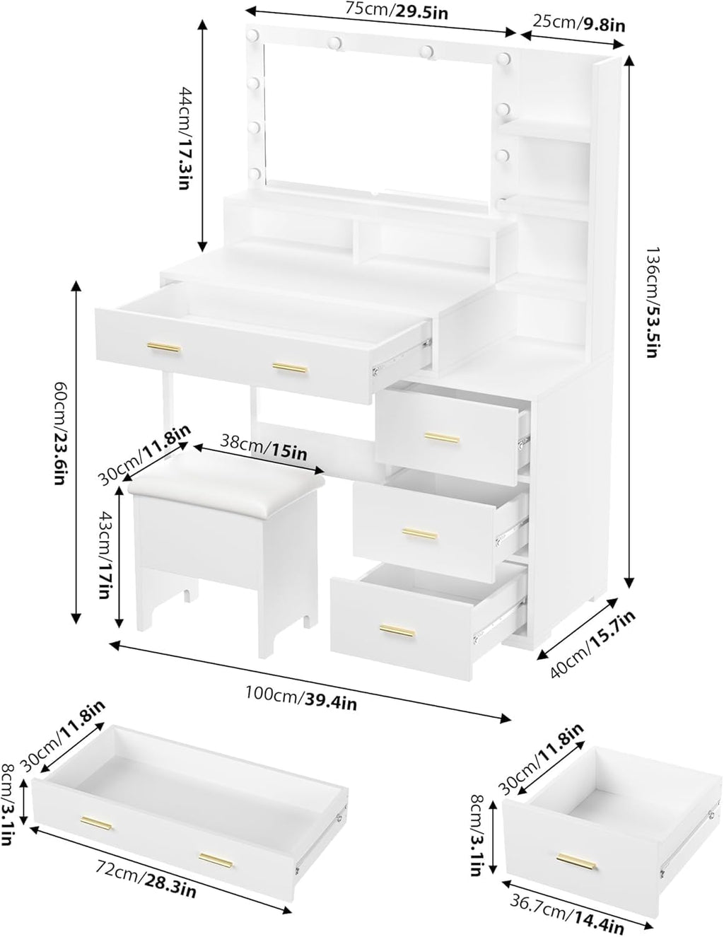 GarveeHome Vanity Desk, Makeup Vanity Table with Mirror & 9 LED Light Bulbs, 4 Large Drawers and 3 Tiers of Open Shelves for Bedroom, White