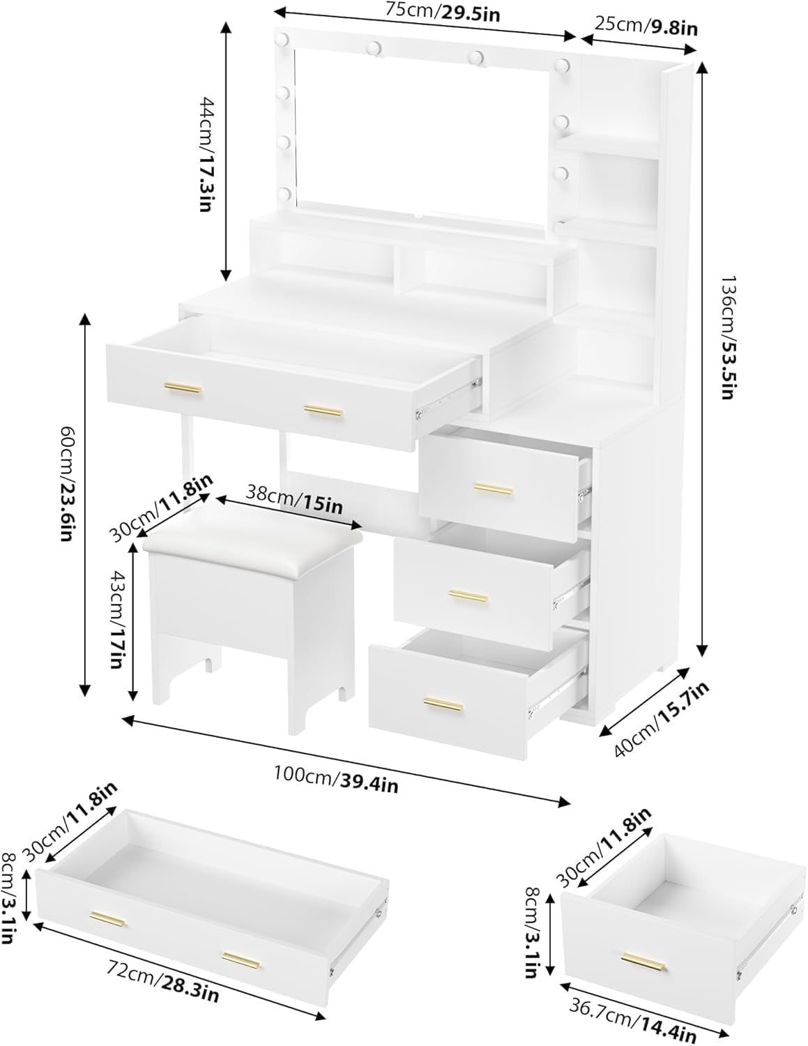 GarveeHome Vanity Desk, Makeup Vanity Table with Mirror & 9 LED Light Bulbs, 4 Large Drawers and 3 Tiers of Open Shelves for Bedroom, White