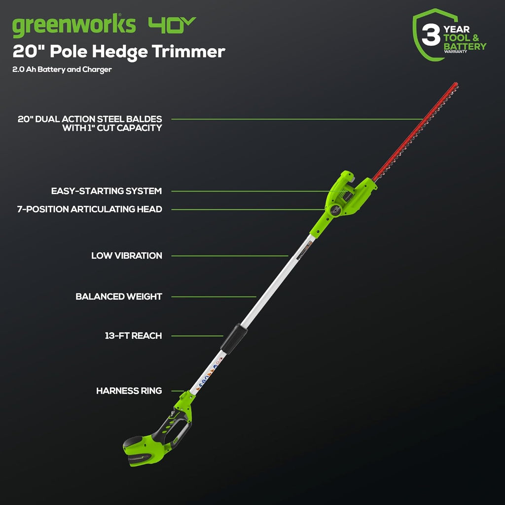 Greenworks 40V 20" Cordless Pole Hedge Trimmer, 2.0Ah Battery and Charger Included