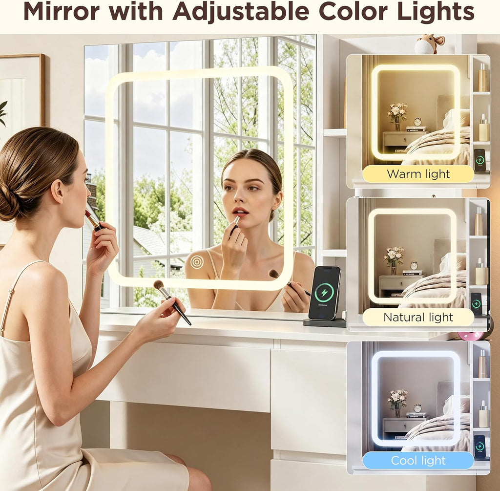 Vabches Make Up Vanity Desk with Charging Station, Vanity Set with Mirror and Stool and Lights,Dressing Table with 4 Drawers & Storage Shelves,37inch, White
