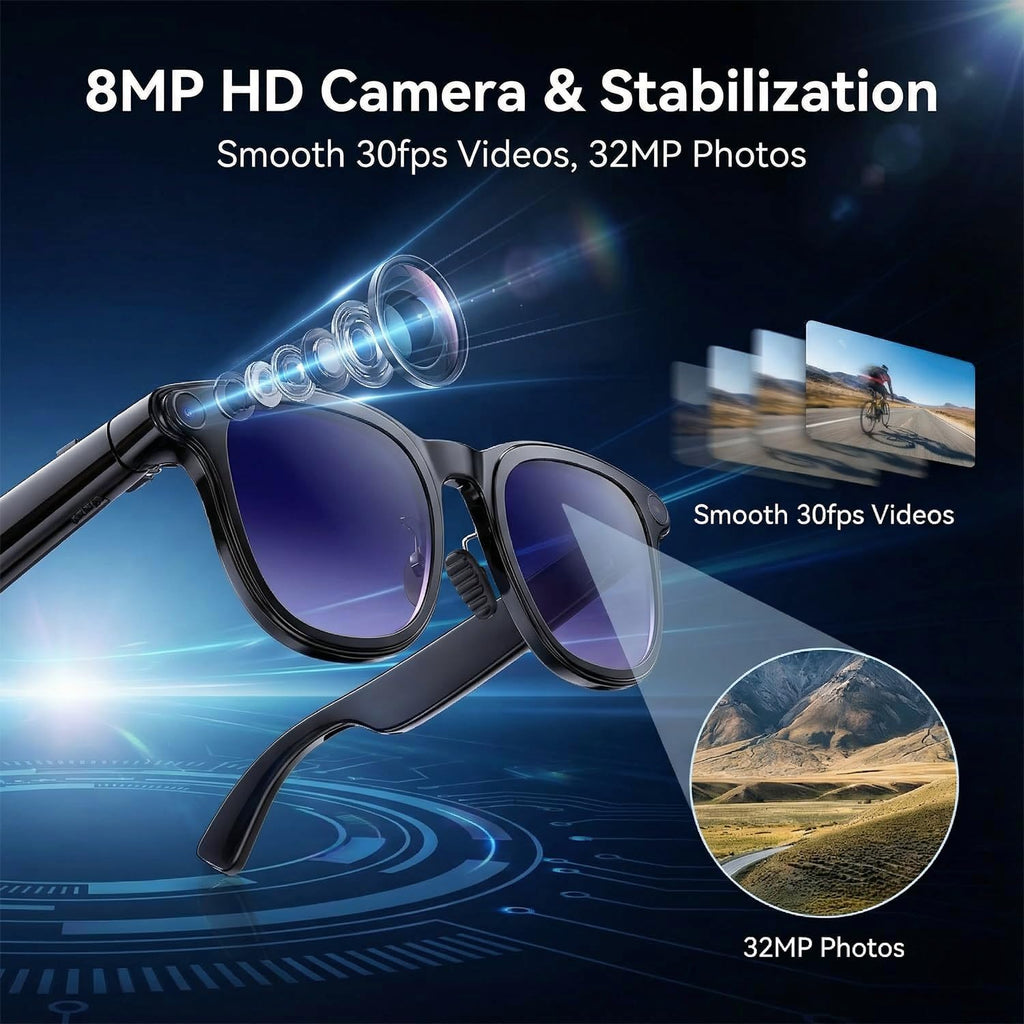 AI Smart Glasses with Camera, 8MP HD Bluetooth Camera Glasses, 1080P Video Recording Sunglasses for Women Men, Real Time Translation, Voice Assistant, Open-Ear Audio for Travel, Work Vlog (3 lenses)
