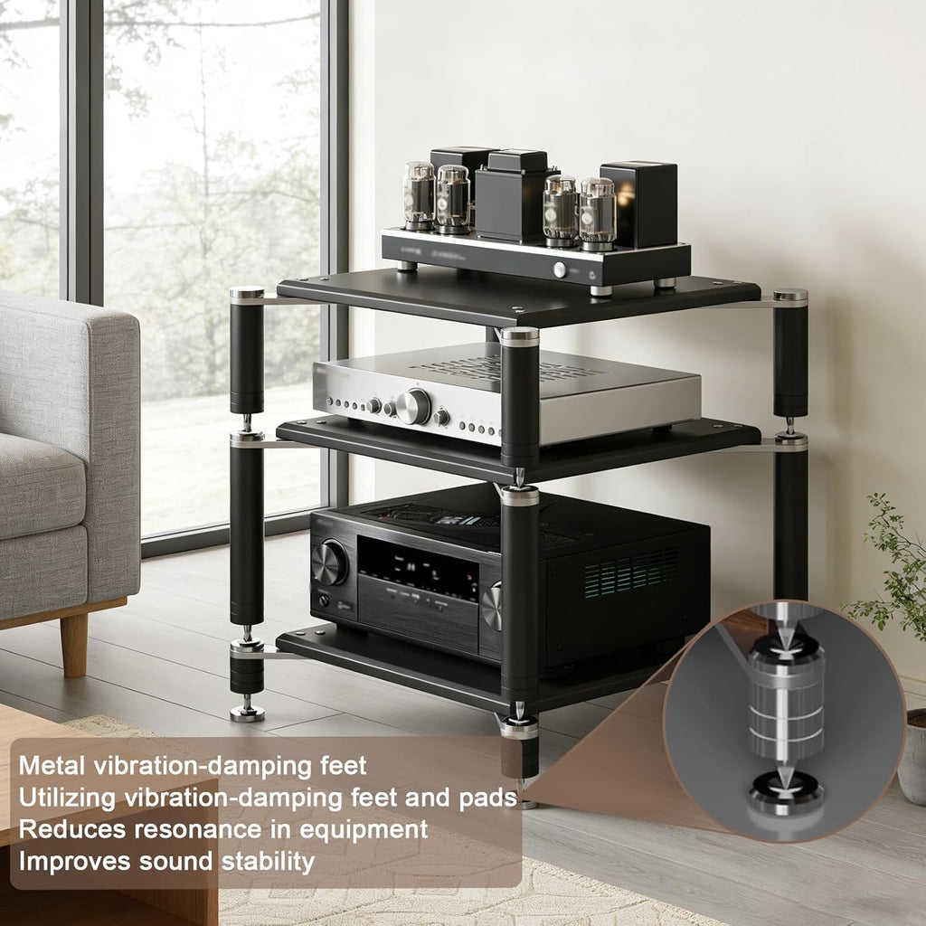 3-Tier AV Media Stand, Heavy Duty Audio Rack with Shock-Absorbing Foot pegs, Open Design av Stand, Multi-Layer Stereo Equipment Rack for Home, Office, Theater (Black, 3-Tiers)