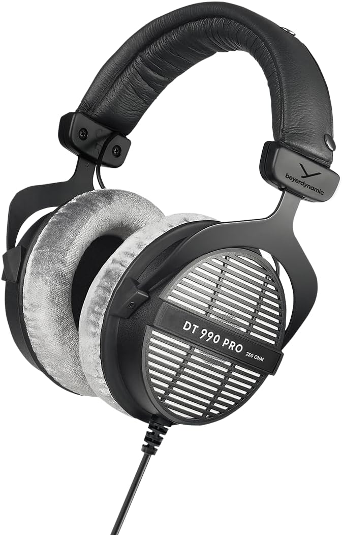 beyerdynamic DT 990 PRO, 250 Ohm, Open Back, Over Ear, Wired Headphones, 3m Coiled Cable, Black with Grey Velour Ear Pads