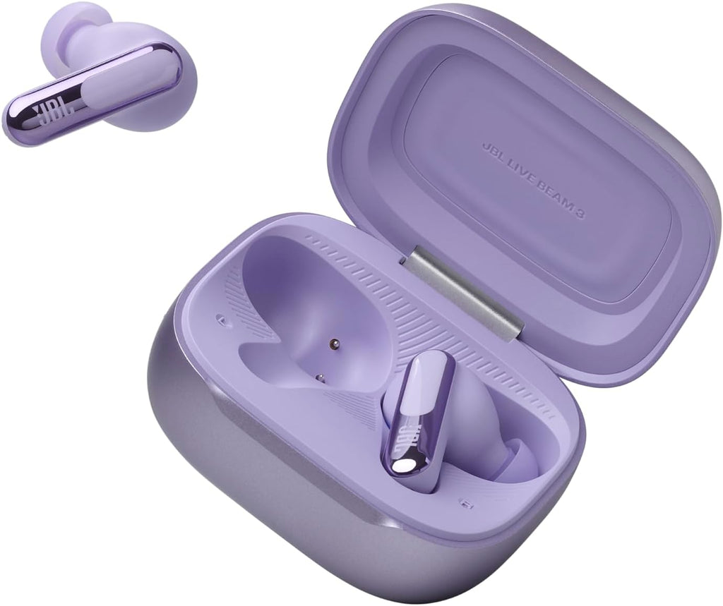 JBL Live Beam 3 - True wireless noise-cancelling stick-closed earbuds, 48Hrs total playback, Wireless Charging, 6 Mics for perfect calls, Multi-point connection, IP55 waterproof and dustproof (Purple)