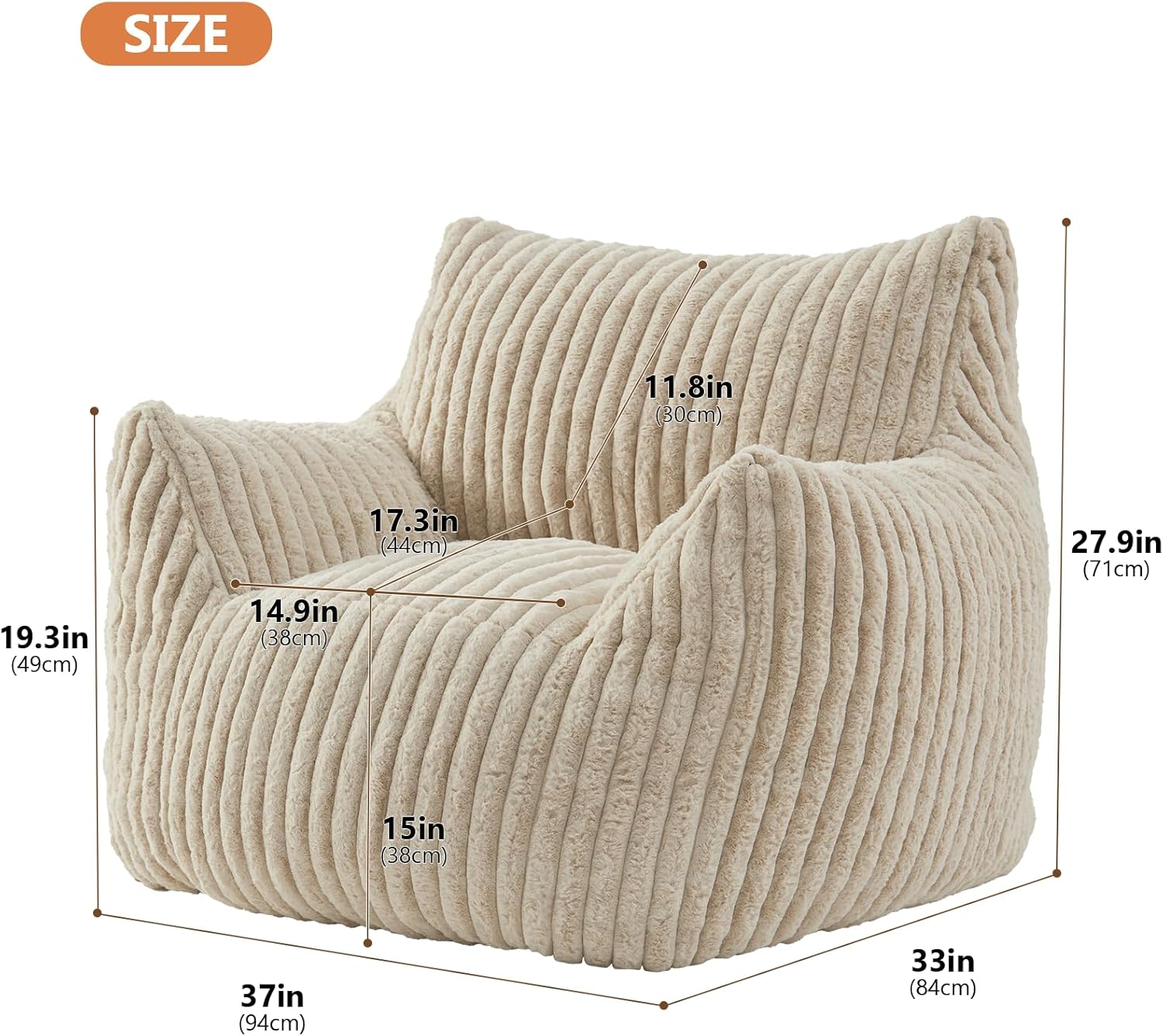 Giant Bean Bag Chairs for Adults Teens with Filling Large Fluffy Bean Bag Chair with Armrests Plush Comfy BeanBag Couch Sofa Chair for Bedroom Living Room Reading
