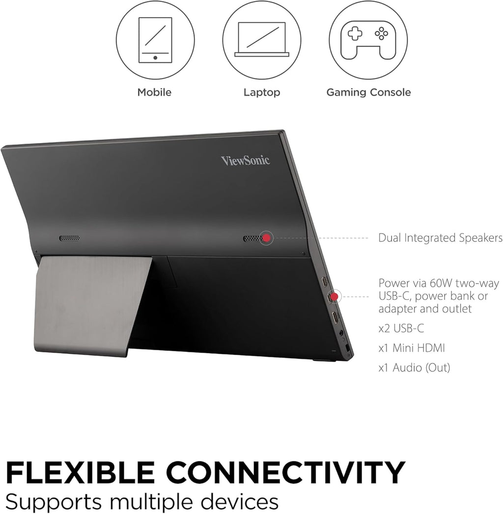 ViewSonic VA1655 15.6 Inch 1080p Portable Monitor, IPS Display with Eye Care for Comfortable Mobile Workspaces, Built-in Stand, 60W USB-C, Mini HDMI, and Protective Case