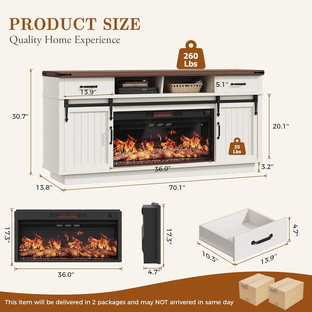 Jocoevol 70'' Fireplace TV Stand with 36'' Electric Fireplace, Tall Farmhouse TV Stand for 65/75 Inch TV, Entertainment Center TV Console with 2 Drawers, Sliding Barn Door for Living Room - White