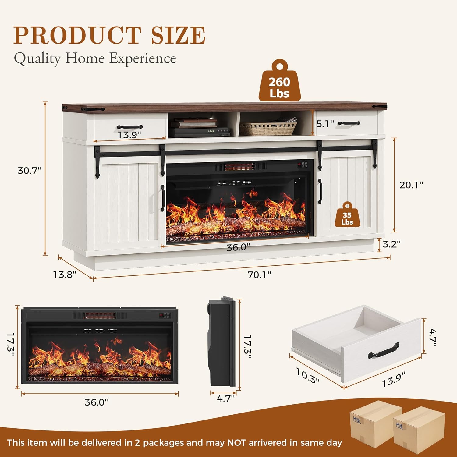 Jocoevol 70'' Fireplace TV Stand with 36'' Electric Fireplace, Tall Farmhouse TV Stand for 65/75 Inch TV, Entertainment Center TV Console with 2 Drawers, Sliding Barn Door for Living Room - White
