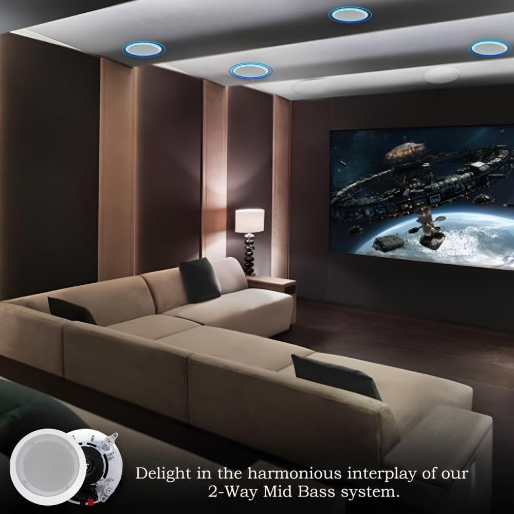 Technical Pro Home Theater Sound System Kit - 2000 Watts Bluetooth Amplifier w/ 6 Qty of 8" Framed Ceiling Speakers 300 W Each, 300 ft Speaker Wire & Remote for Home, Bar, Office, Restaurant