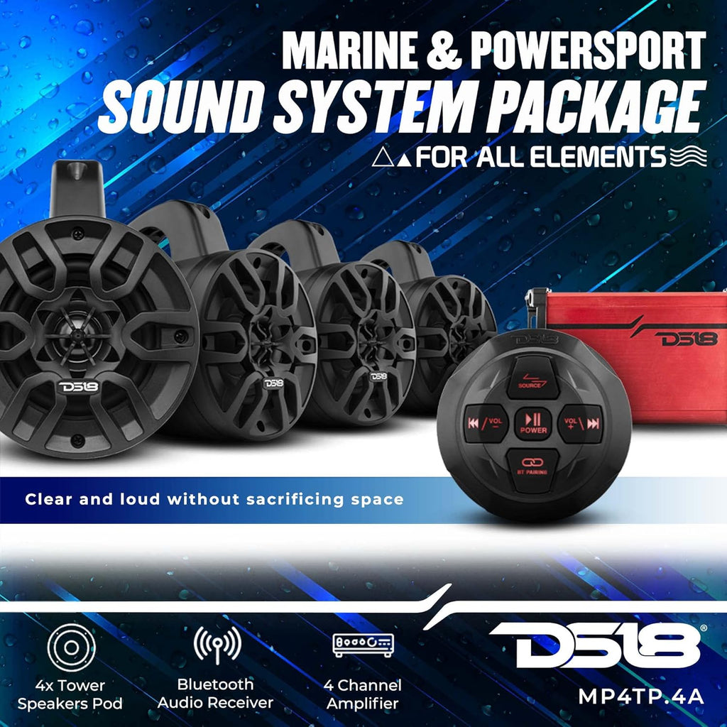 DS18 MP4TP.4A 4" 600W Bluetooth Marine Tower Speakers with Amplifier and Remote