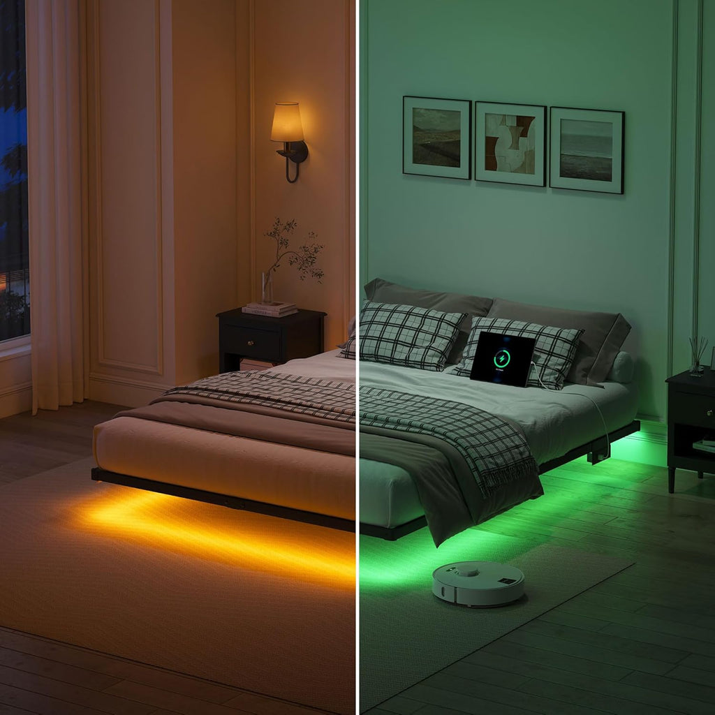 YORMDMO Floating Bed Frame Queen Size, Heavy Duty Bedframe with Smart LED Lights & Charging Station, Modern Metal Platform Bed, Easy Assembly No Box Spring Needed, 8 Inch