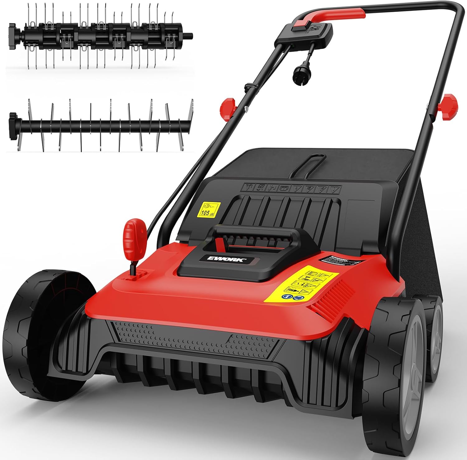 EWORK Electric Dethatcher and Scarifier 14-Inch 12 Amp 2-in-1 Lawn Dethatcher and Aerator with Collection Bag, Blade Replacement Without Tool, 5-Position Depth Adjustment for Gardening Care