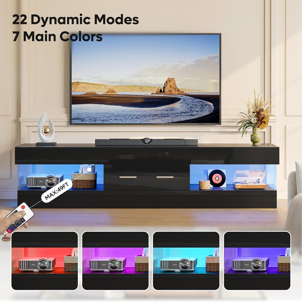 Bestier 67" Modern TV Stand for TVs 55 to 75 Inch, High Gloss LED Entertainment Center with Stone-Patterned Doors, TV Console with Drawer & Storage for Living Room, Black