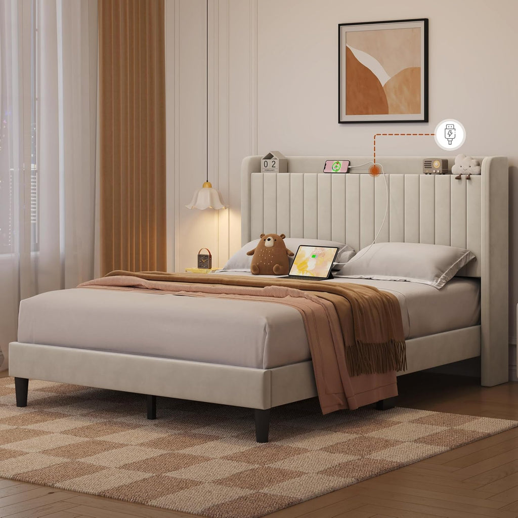 Yaheetech Queen Bed Frame with USB Charging Station and Storage Shelf/Upholstered Headboard Platform Bed with Wing Side/Wooden Slats Support/Noise Free/No Box Spring Needed/Easy Assembly, Beige