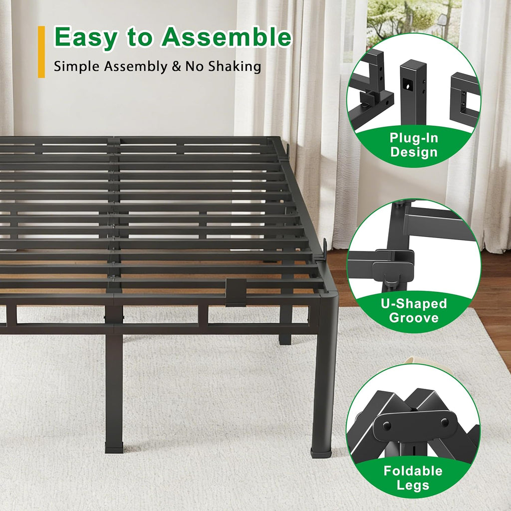 ROIL 14 Inch Queen Bed Frame, Double Layer Metal Bed Frame with Round Corner Legs, 4000LBS Bed Frame & Box Spring 2 in 1 Platform with Headboard Holes Mattress Baffles, Noise-Free Easy Assembly