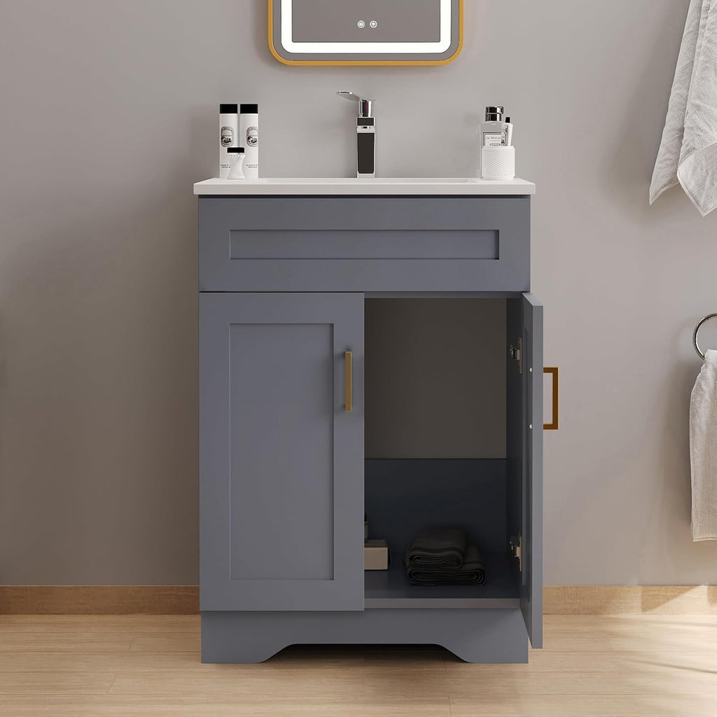 24 Inch Bathroom Vanity with Sink, Bathroom Storage Vanity Cabinet for Small Space, Bathroom Vanity with 2 Doors and 1 Drawer, Modern Freestanding Vanity Sink (Grey)