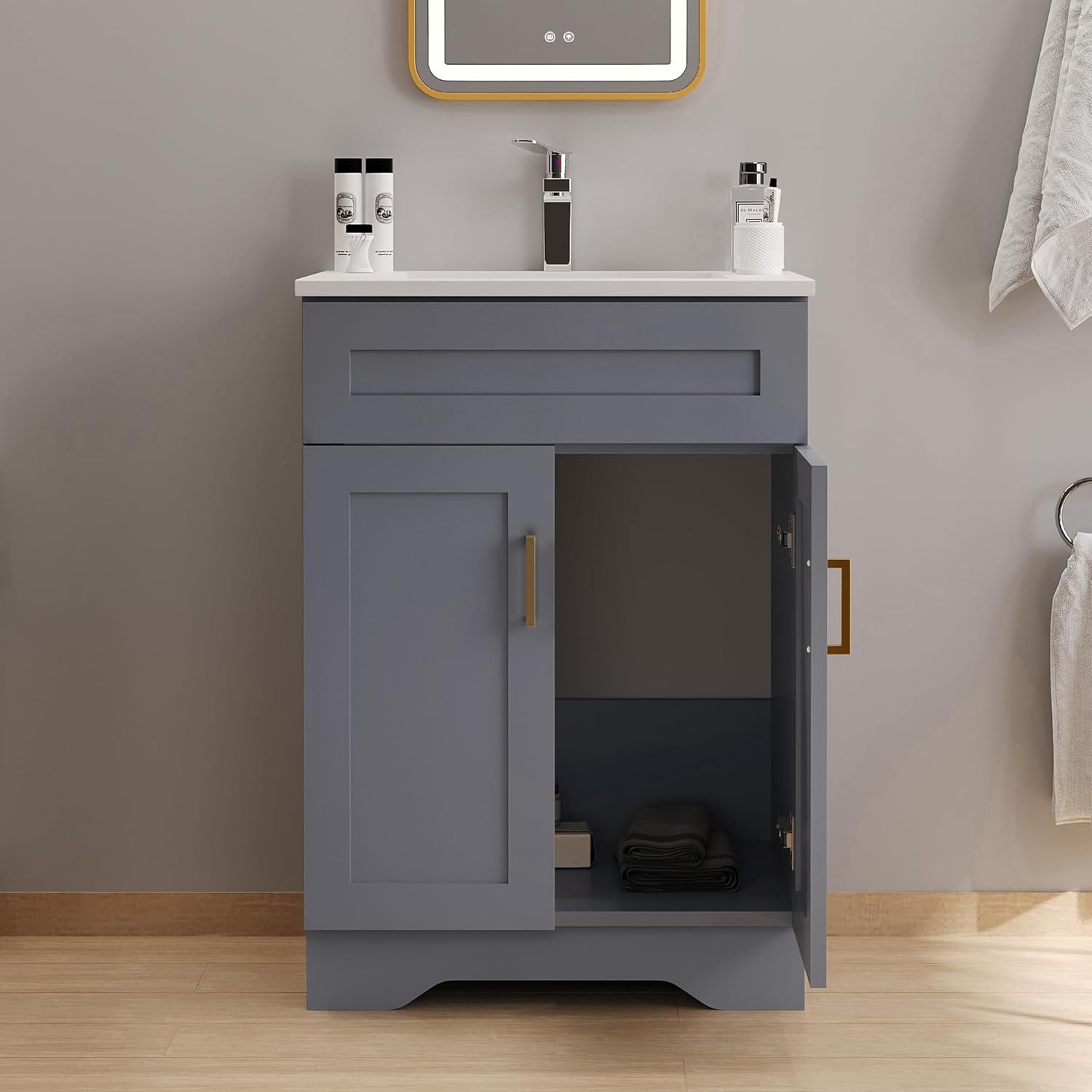 24 Inch Bathroom Vanity with Sink, Bathroom Storage Vanity Cabinet for Small Space, Bathroom Vanity with 2 Doors and 1 Drawer, Modern Freestanding Vanity Sink (Grey)