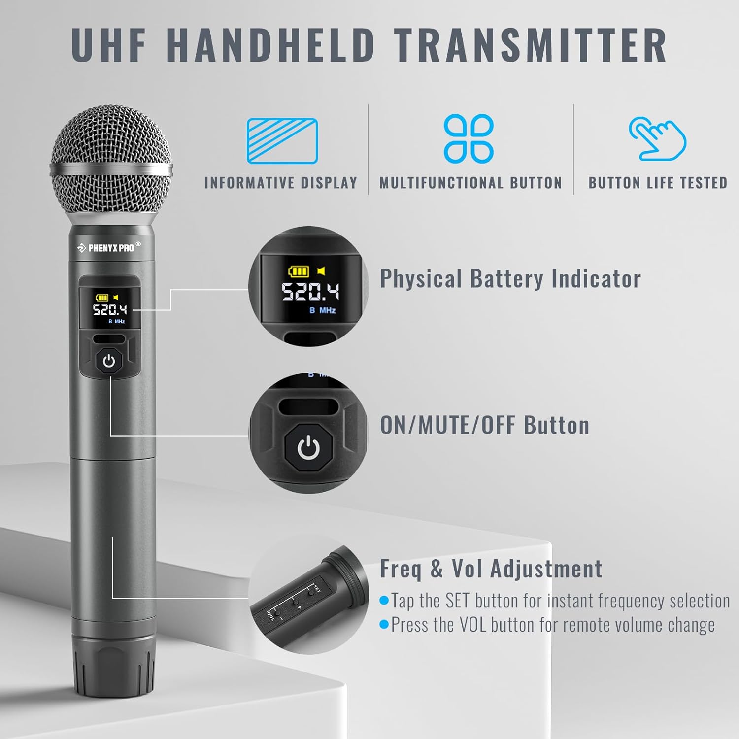 Phenyx Pro Wireless Microphone System,Metal Wireless Mic Set w/Handheld/Bodypack/Headset/Lapel Mics,2 x 30 UHF Frequencies, 200 ft Range, Cordless Mic for Singing, Karaoke, Church (PTU-52-1H1B)