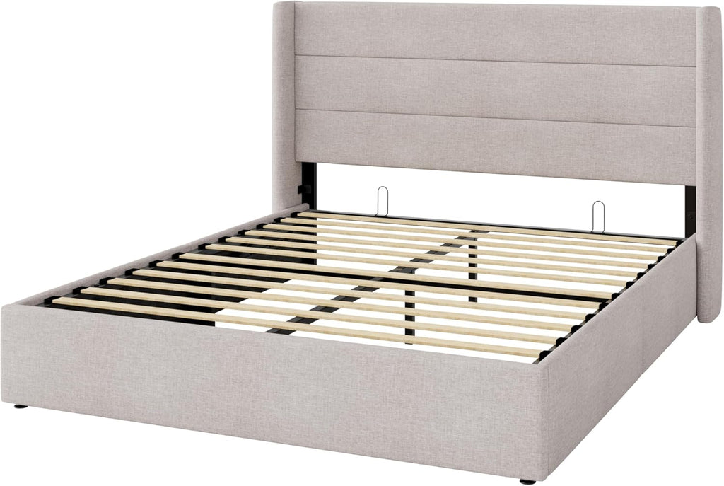 Allewie Queen Size Lift Up Storage Bed, Modern Wingback Headboard, Hydraulic Support, No Box Spring Needed, Light Beige