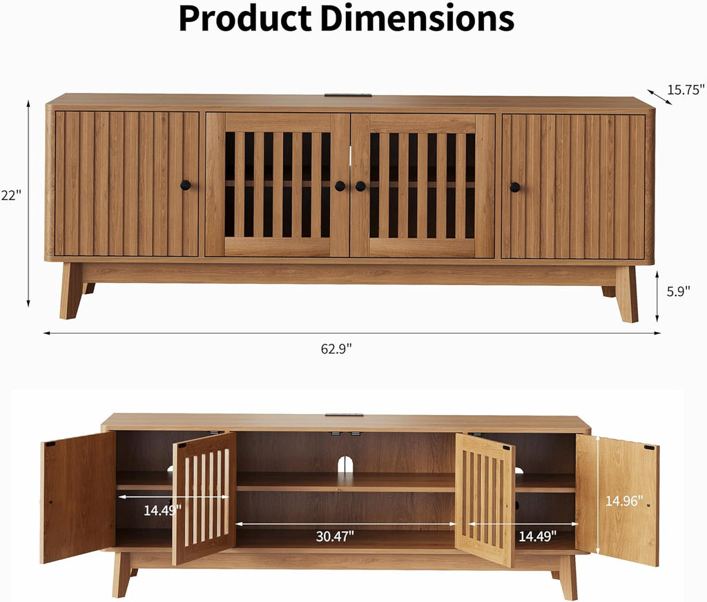 Garvee Mid Century Modern TV Stand, TV Stands for Living Room with 4 Grille Doors and Adjustable Shelves, Entertainment Center with Storage and Power Output, Wooden TV Console