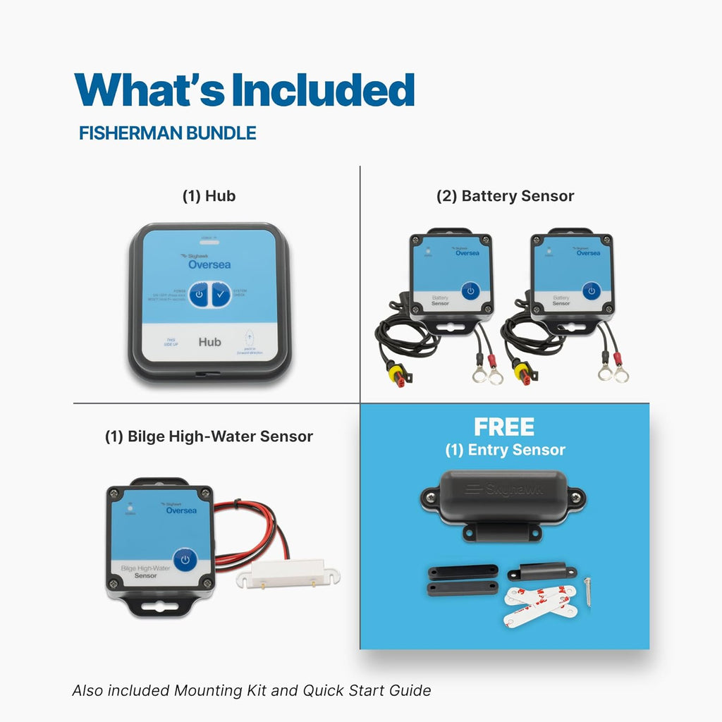 Fisherman Remote Boat Monitoring Bundle | Wireless Hub + Complete Safety, Security & Readiness Sensors | Battery x 2, Bilge, Motion & Environmental Alerts | No Boat Battery Drain