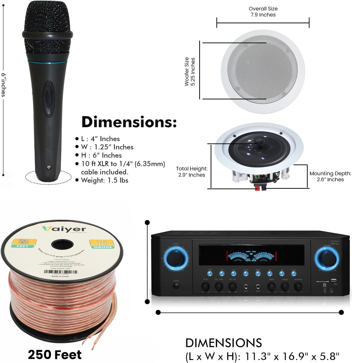 Home Theater System Kit 1000 Watts Amplifier w/USB, SD Card Inputs, (Qty 6) 5.25" Flush Mount in-Wall/in-Ceiling Stereo Speakers, Mic and 250 ft Speaker Wire | Perfect for Home, Office and Restaurants