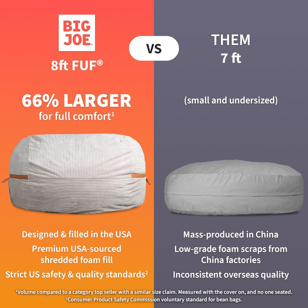 Big Joe Fuf 8Ft Giant Foam Bean Bag Chair, Oversized Couch with Removable Cover for Kids, Teens, Adults, Moss Green Corded Plush, 8 Foot