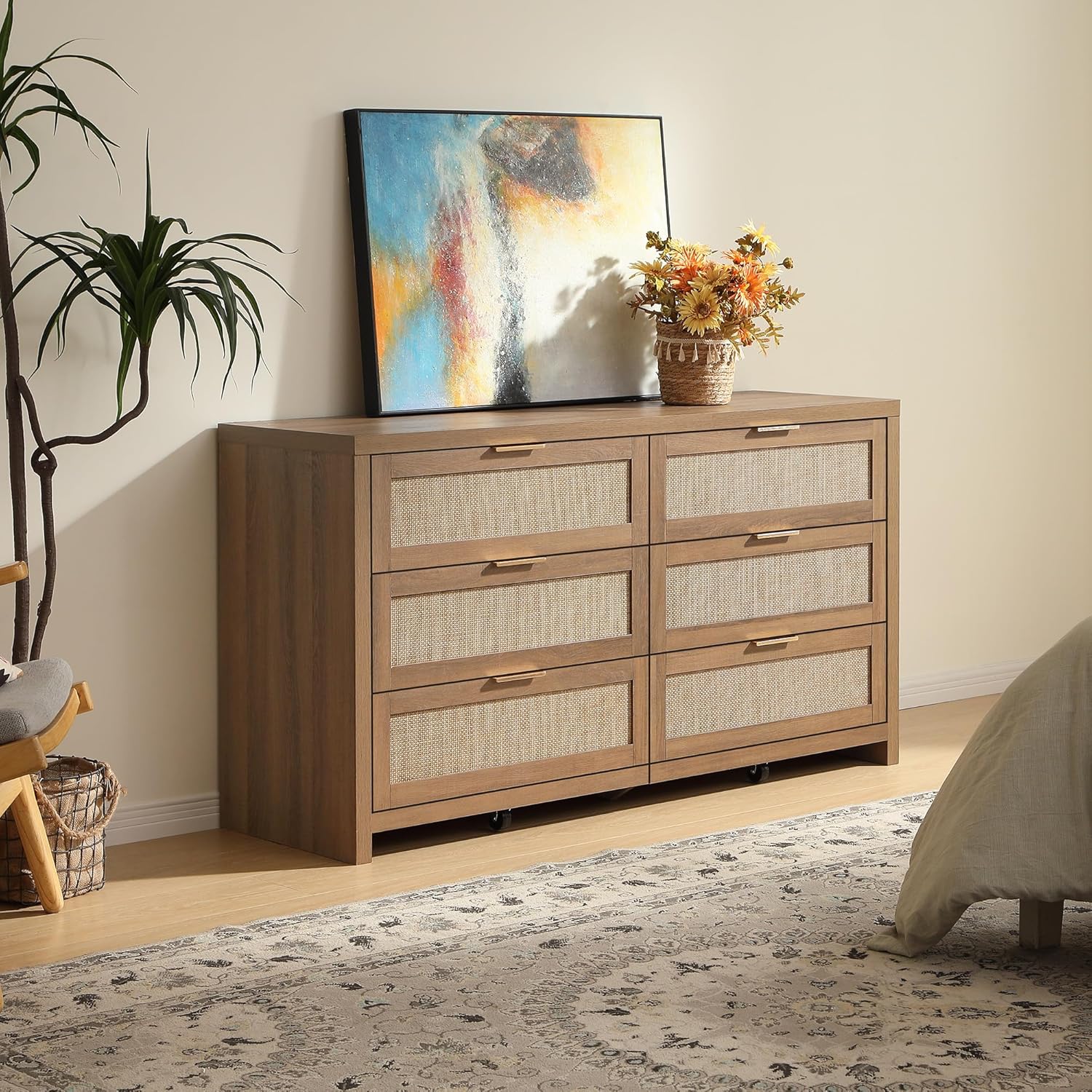 SICOTAS Rattan Dressers for Bedroom Set 2, Large 6 Drawer Dresser Long Chest of Drawers, Dresser Farmhouse TV Stand for Bedroom, Living Room, Nursery, Closet (Reclaimed Caramel Oak, 2 Pieces)
