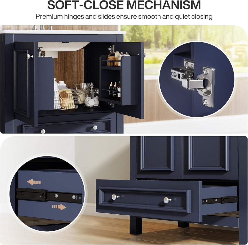 Tribesigns Modern Bathroom Vanity with Sink, Freestanding Bathroom Vanities Cabinet with Ceramic Basin Combo, Bathroom Sink Cabinet with 2 Doors and 1 Drawer, Solid Wooden Frame (Navy Blue, 30 INCH)