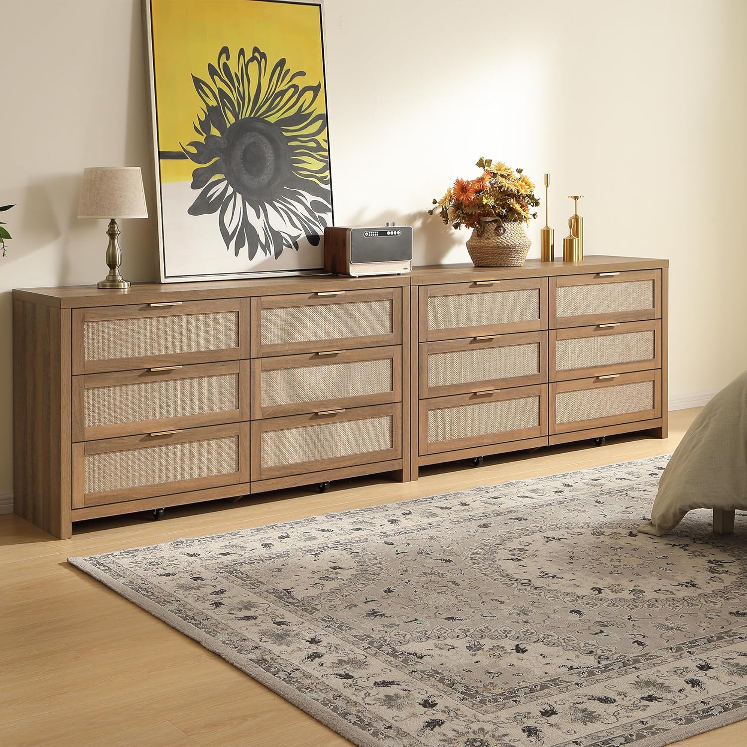 SICOTAS Rattan Dressers for Bedroom Set 2, Large 6 Drawer Dresser Long Chest of Drawers, Dresser Farmhouse TV Stand for Bedroom, Living Room, Nursery, Closet (Reclaimed Caramel Oak, 2 Pieces)